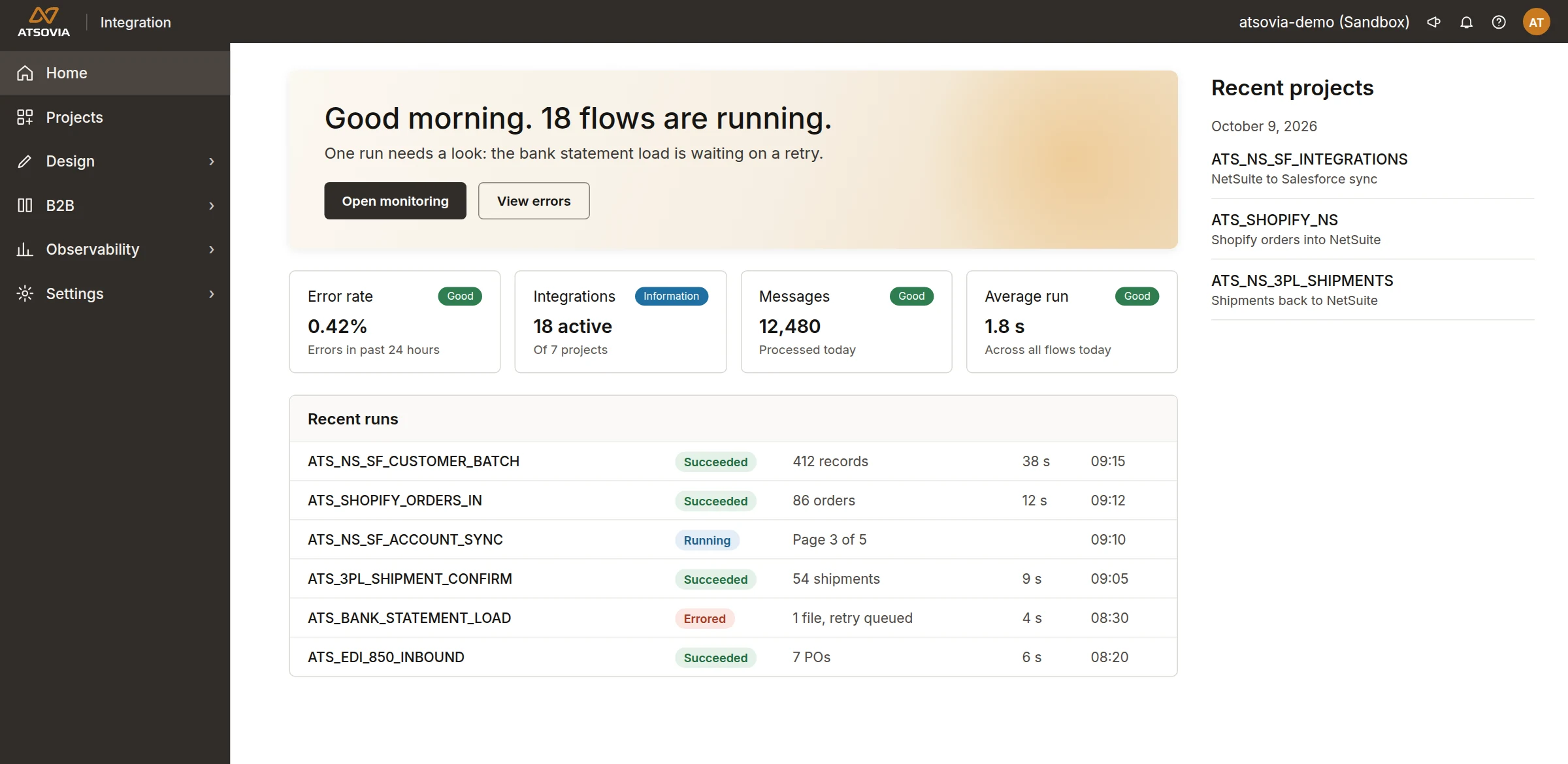 Every run on one screen, demo integration account